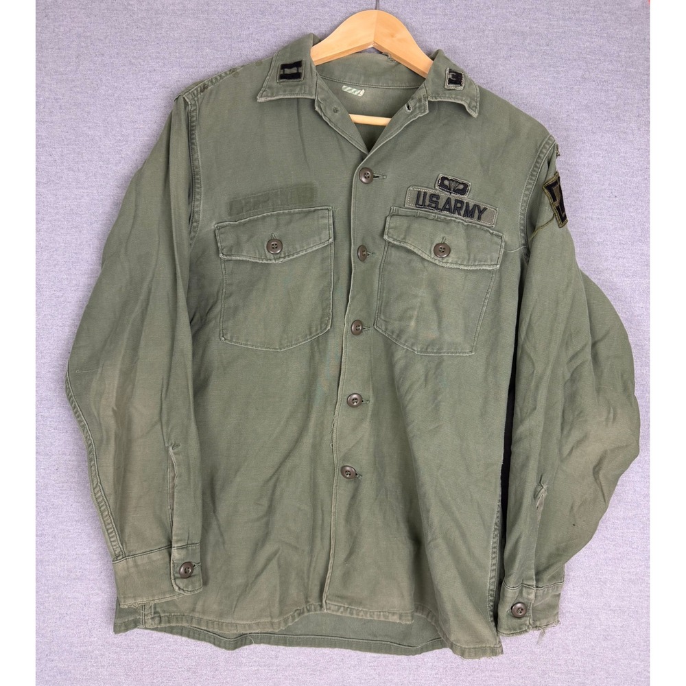 Vintage US Army OG 107 Cotton Sateen Utility Shirt Ranger Patch Olive Green